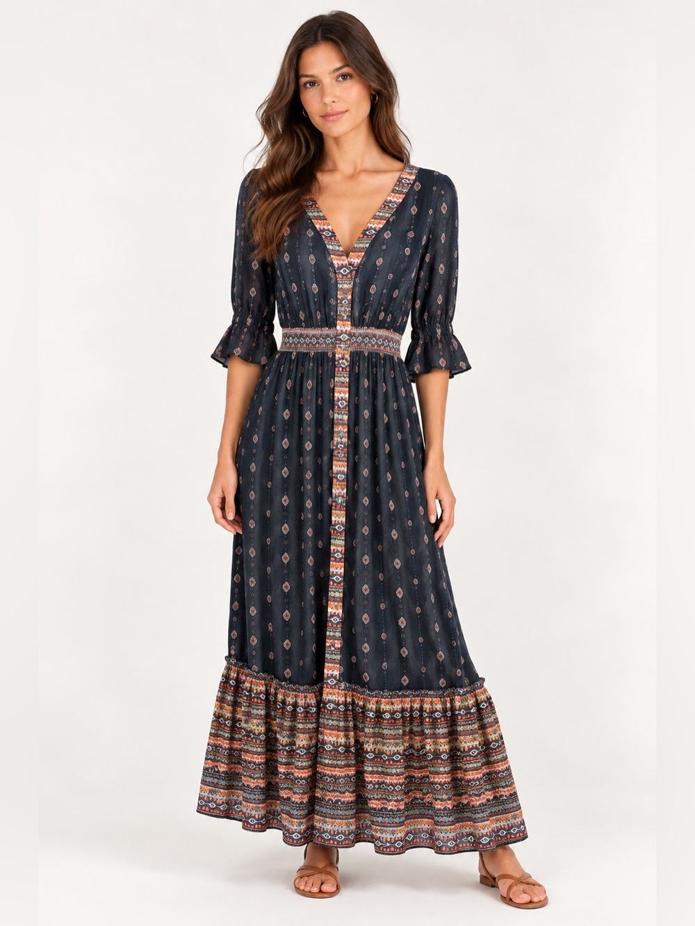 FARM Rio Black Boho Print V-Neck Maxi Dress